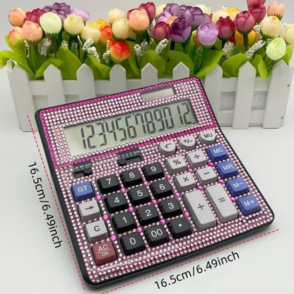 Bling Crystal Desktop Calculator with Extra Large LCD Display, 12-Digit Two Way Power Solar & Battery Office Calculator with Big Buttons and Rhinestones -Pink