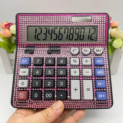 Bling Crystal Desktop Calculator with Extra Large LCD Display, 12-Digit Two Way Power Solar & Battery Office Calculator with Big Buttons and Rhinestones -Pink