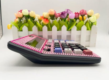 Bling Crystal Desktop Calculator with Extra Large LCD Display, 12-Digit Two Way Power Solar & Battery Office Calculator with Big Buttons and Rhinestones -Pink
