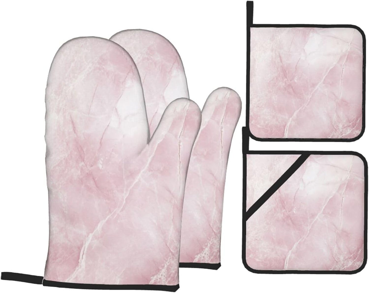Oven Mitts and Pot Holders Set Light Pink Marble Abstract Heat Resistant Kitchen Gloves 2 Oven Mitts and 2 Pot Holders for Cooking Baking BBQ