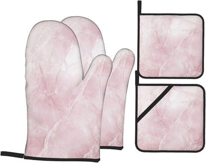 Oven Mitts and Pot Holders Set Light Pink Marble Abstract Heat Resistant Kitchen Gloves 2 Oven Mitts and 2 Pot Holders for Cooking Baking BBQ
