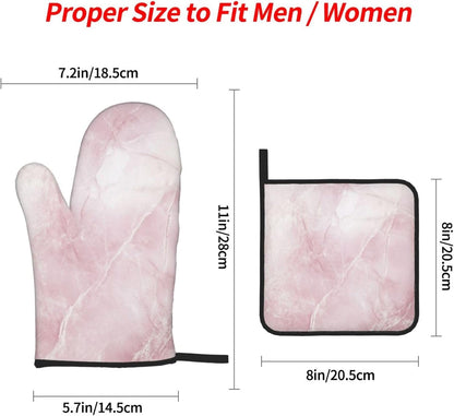 Oven Mitts and Pot Holders Set Light Pink Marble Abstract Heat Resistant Kitchen Gloves 2 Oven Mitts and 2 Pot Holders for Cooking Baking BBQ