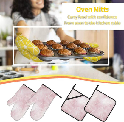 Oven Mitts and Pot Holders Set Light Pink Marble Abstract Heat Resistant Kitchen Gloves 2 Oven Mitts and 2 Pot Holders for Cooking Baking BBQ