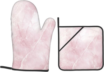 Oven Mitts and Pot Holders Set Light Pink Marble Abstract Heat Resistant Kitchen Gloves 2 Oven Mitts and 2 Pot Holders for Cooking Baking BBQ