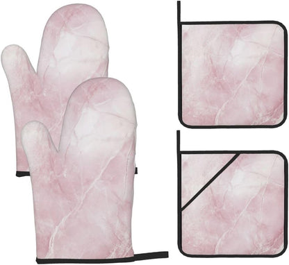 Oven Mitts and Pot Holders Set Light Pink Marble Abstract Heat Resistant Kitchen Gloves 2 Oven Mitts and 2 Pot Holders for Cooking Baking BBQ