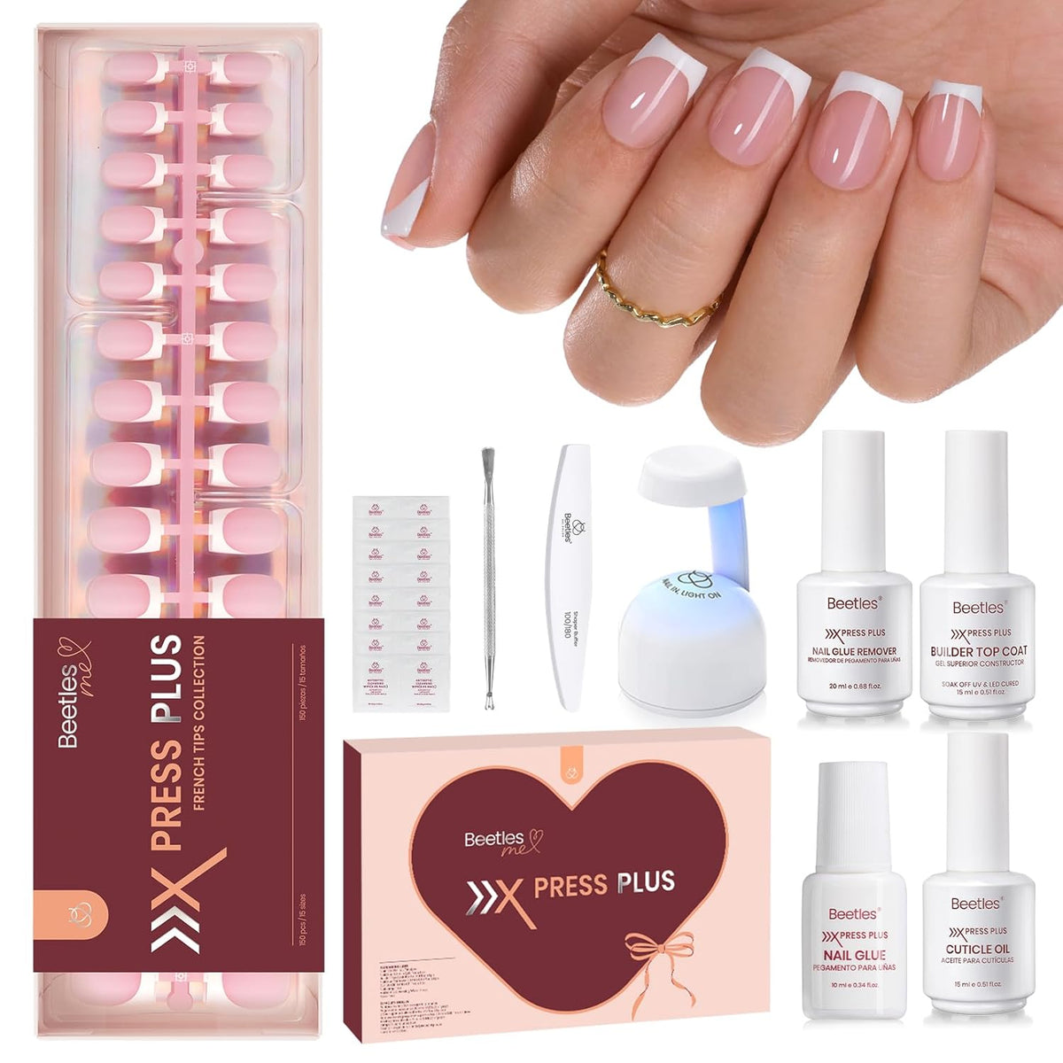 Beetles X Press Plus Gel Nail Kit, Pink French Short Square Press On Nails
