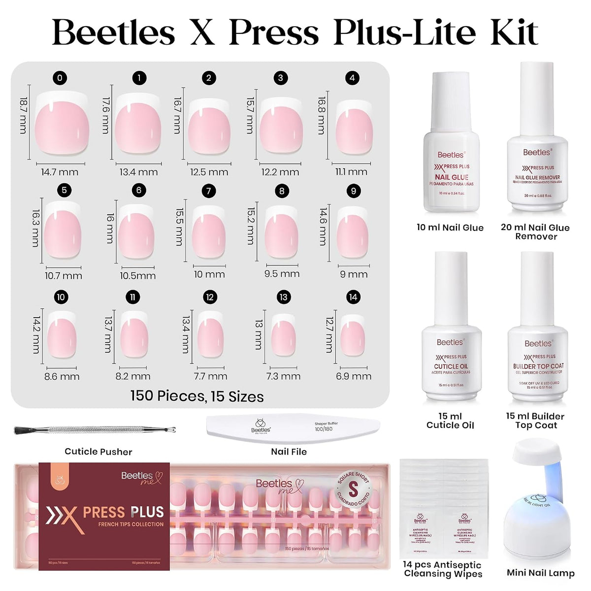 Beetles X Press Plus Gel Nail Kit, Pink French Short Square Press On Nails