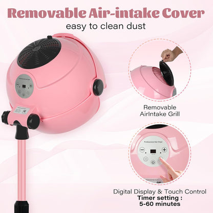 Hooded Hair Dryer, Standing Hair Dryer on Wheels,Pink
