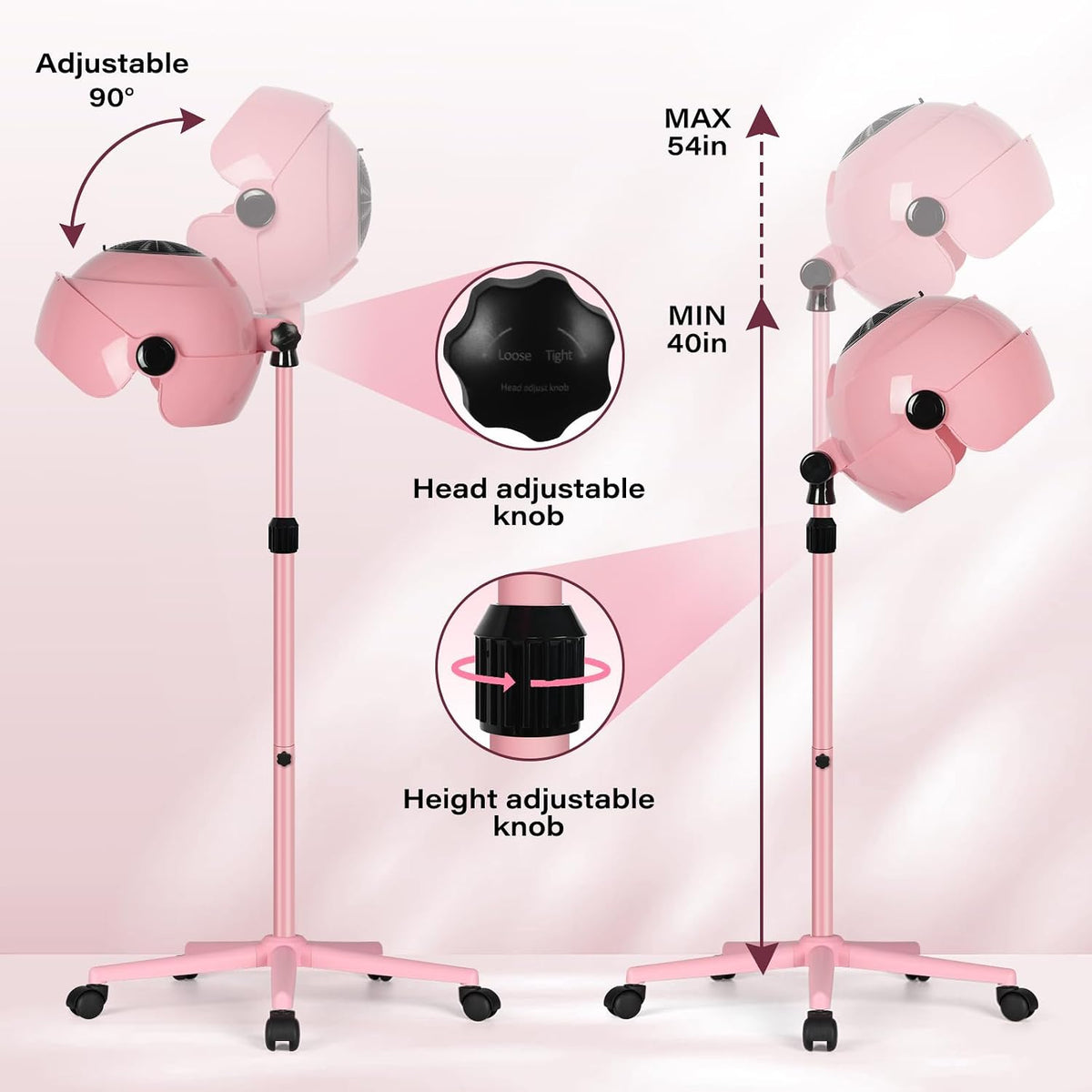 Hooded Hair Dryer, Standing Hair Dryer on Wheels,Pink