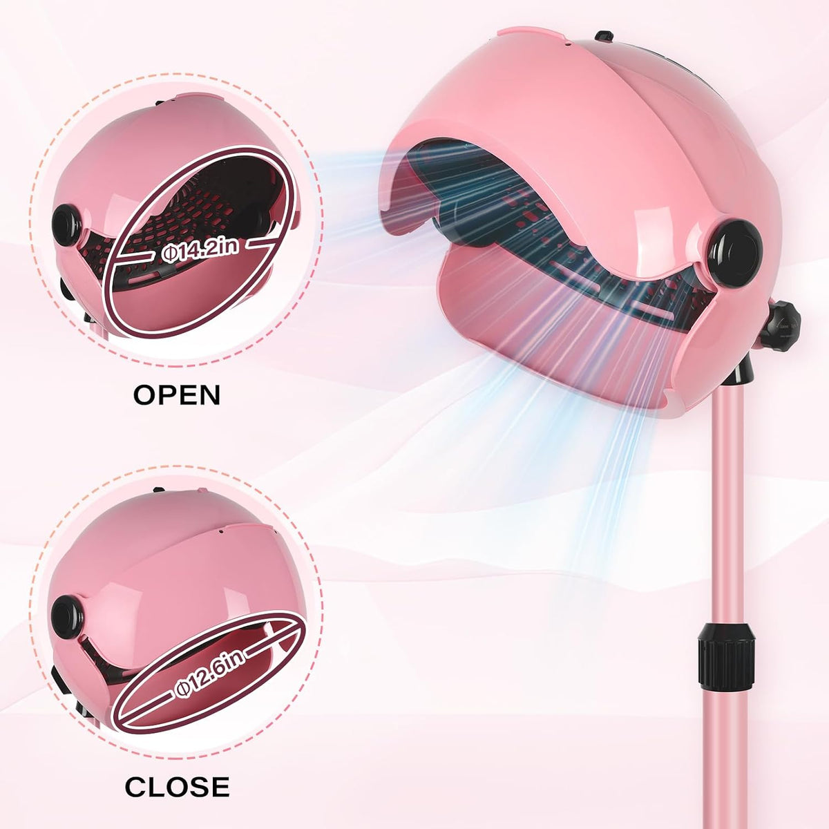 Hooded Hair Dryer, Standing Hair Dryer on Wheels,Pink