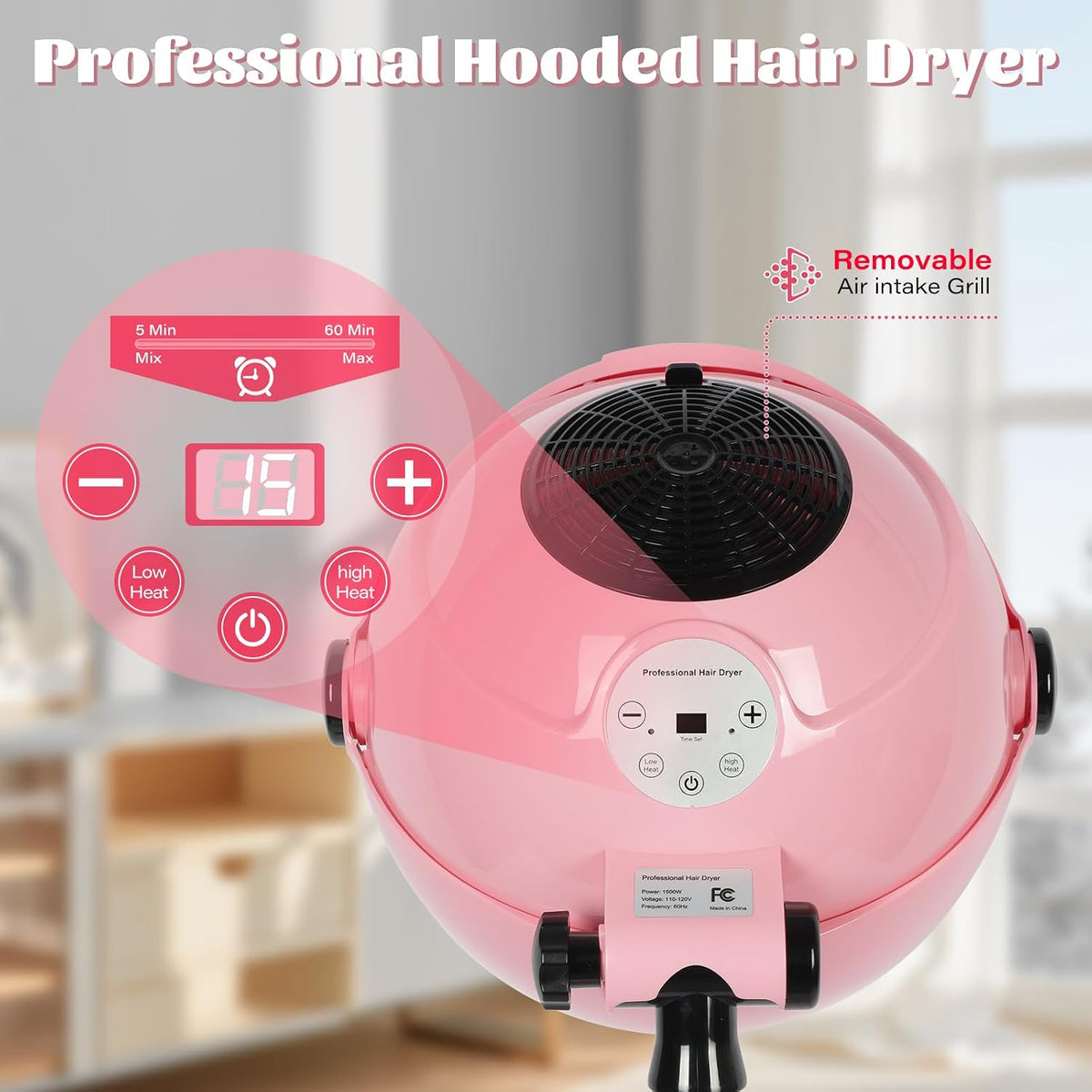 Hooded Hair Dryer, Standing Hair Dryer on Wheels,Pink