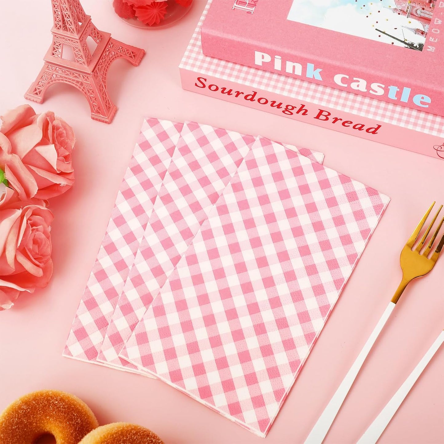 Whaline Light Pink Guest Paper Napkins Diagonal Plaid 3 Ply Disposable Napkins Checked Dinner Hand Napkin Towel for Wedding Birthday Party Supplies Table Decor, 80Pcs