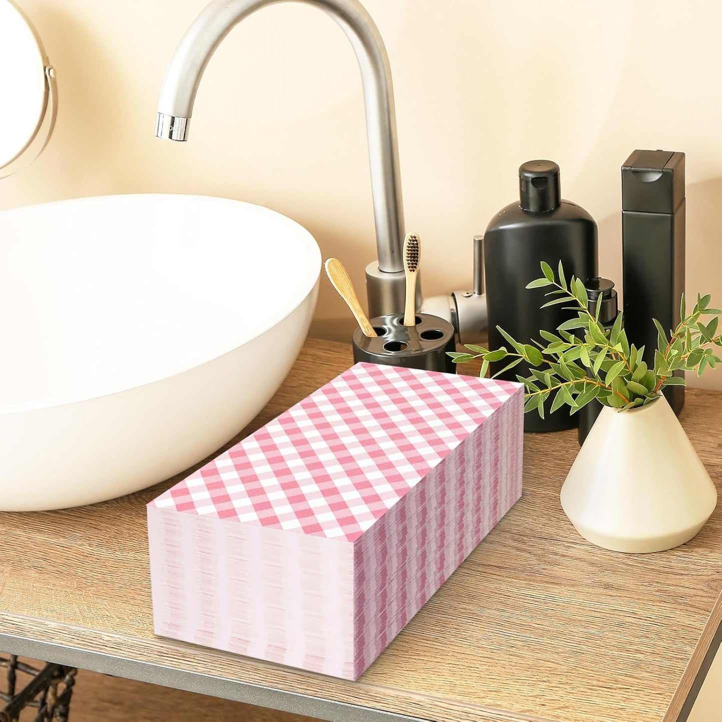 Whaline Light Pink Guest Paper Napkins Diagonal Plaid 3 Ply Disposable Napkins Checked Dinner Hand Napkin Towel for Wedding Birthday Party Supplies Table Decor, 80Pcs