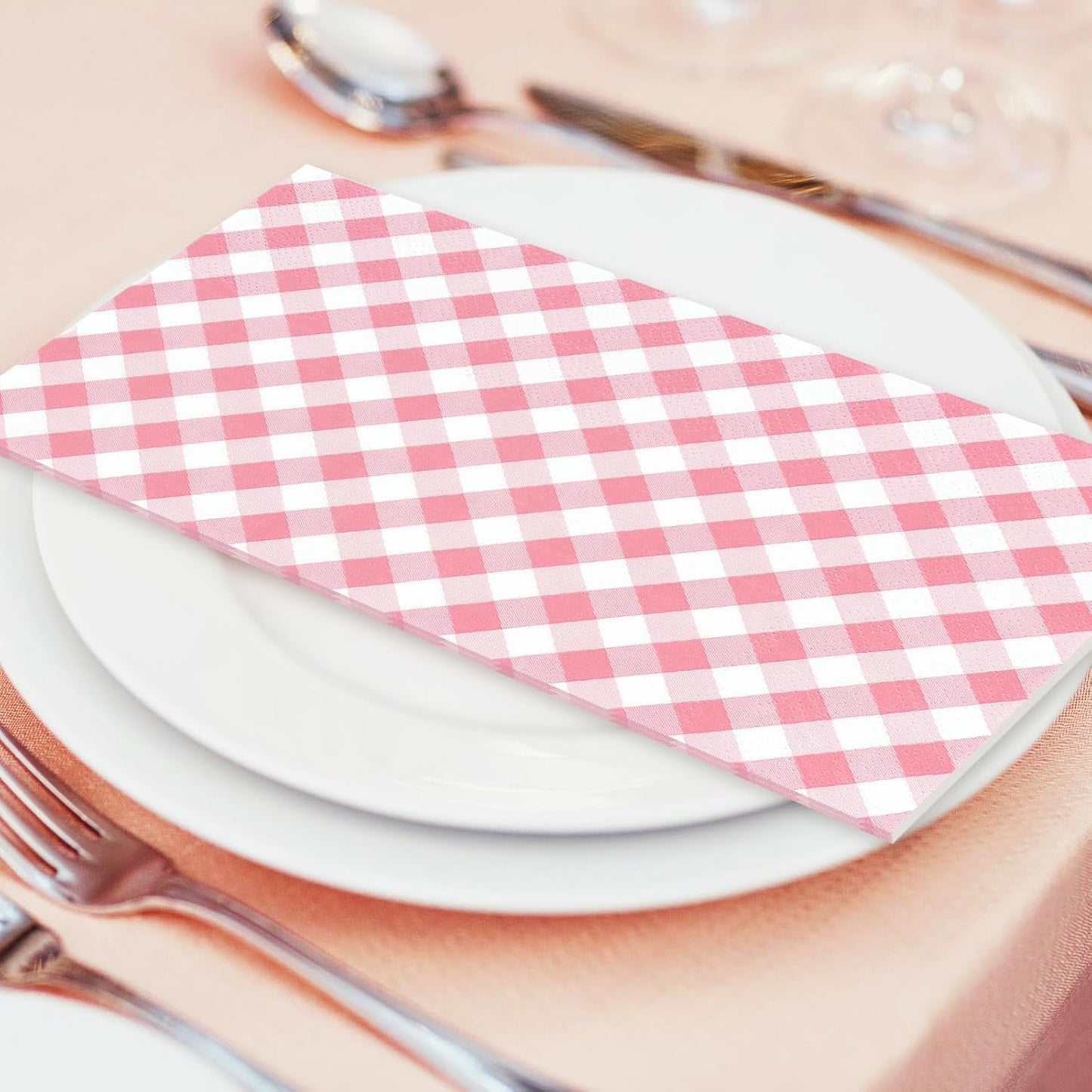 Whaline Light Pink Guest Paper Napkins Diagonal Plaid 3 Ply Disposable Napkins Checked Dinner Hand Napkin Towel for Wedding Birthday Party Supplies Table Decor, 80Pcs