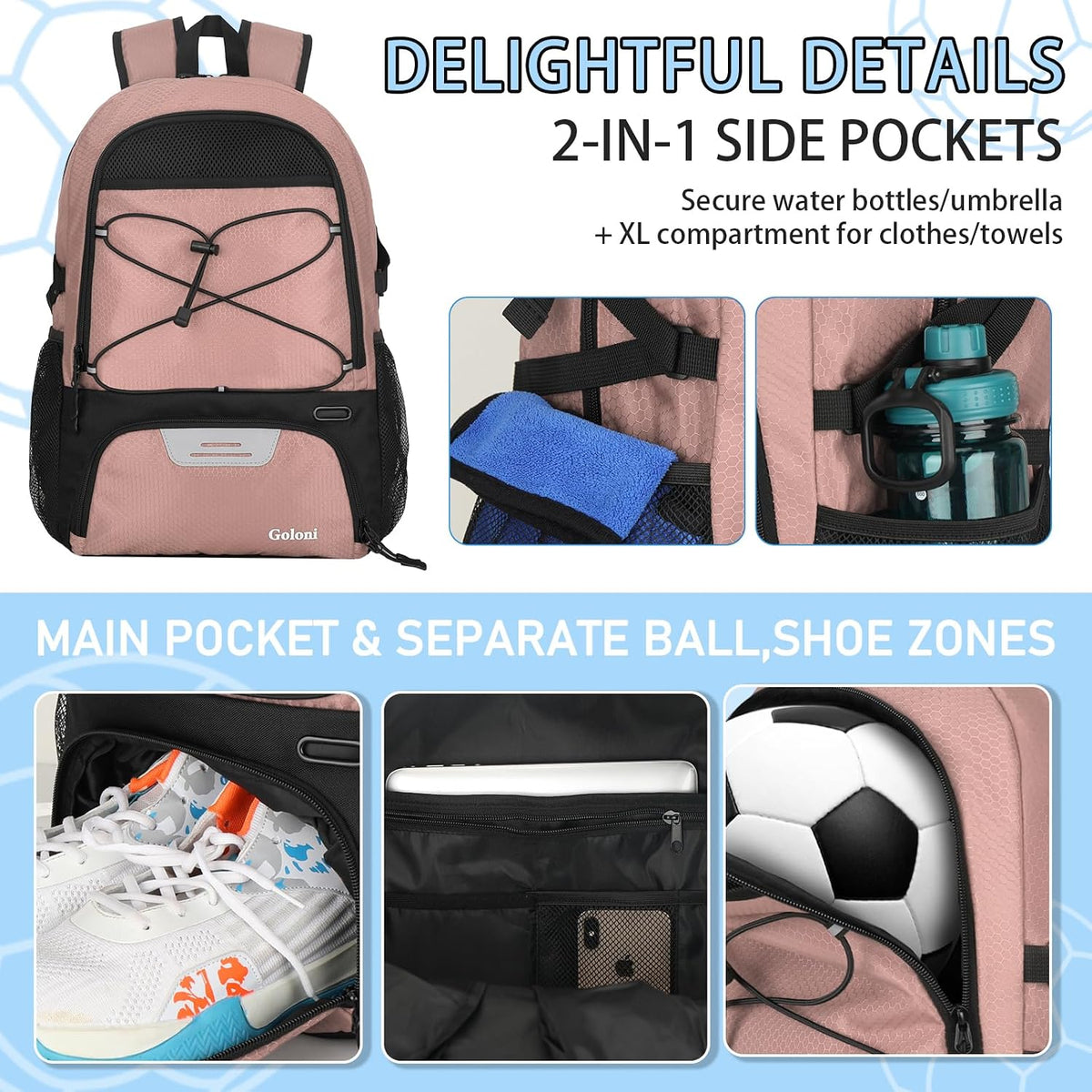 Goloni 30L Sports Backpack with Ball Compartment & Ventilated Shoe Pocket,Basketball Soccer Bag for Youth Boys Girls