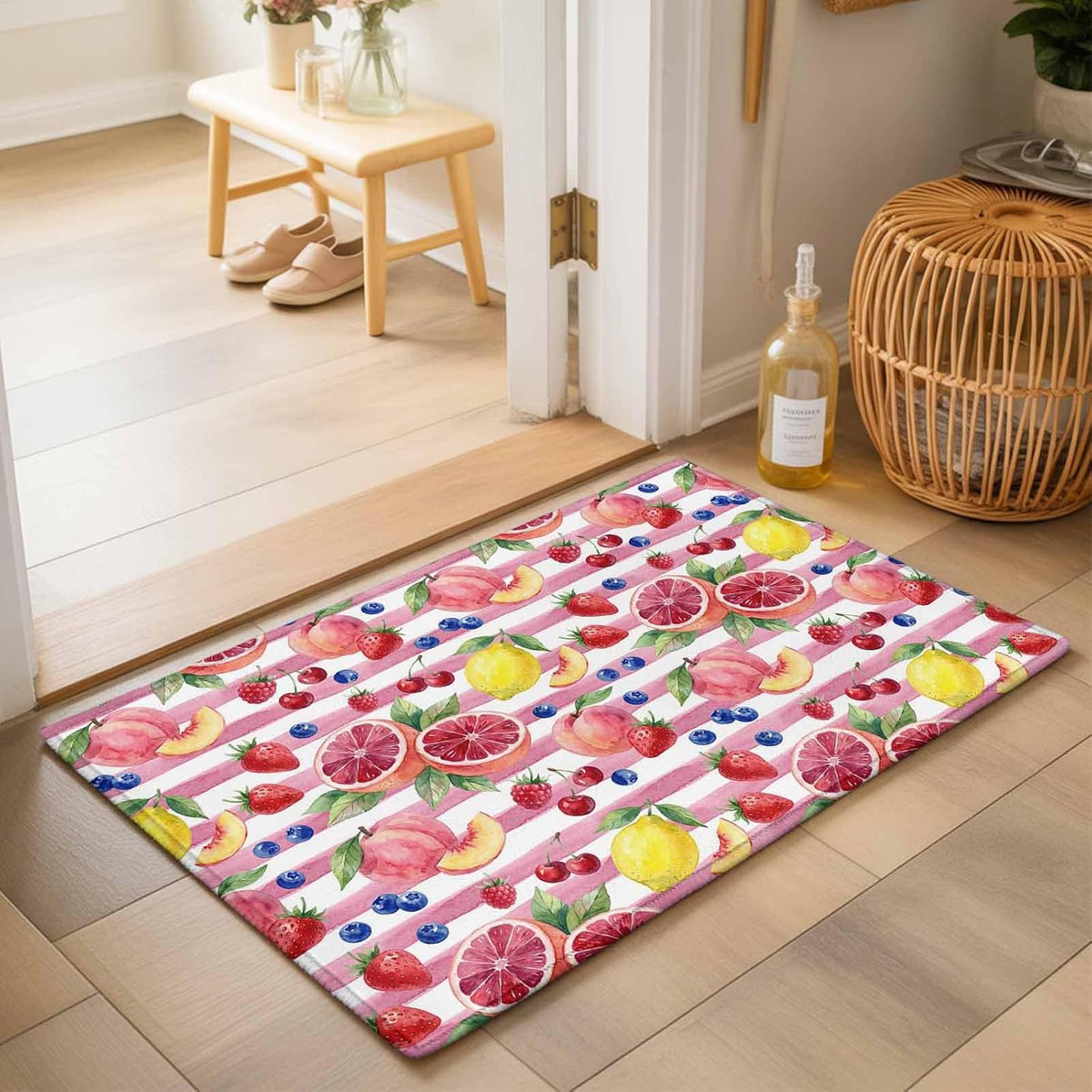 Area Rug 24×36in, Summer Peach Lemon Grapefruit Floor Carpet Living Room Rug, Blueberry Strawberry Pink Stripe Non-Slip Welcome Mat Indoor Rugs for Bedroom Dining Room
