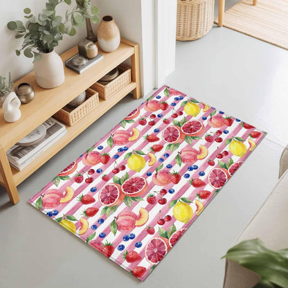 Area Rug 24×36in, Summer Peach Lemon Grapefruit Floor Carpet Living Room Rug, Blueberry Strawberry Pink Stripe Non-Slip Welcome Mat Indoor Rugs for Bedroom Dining Room