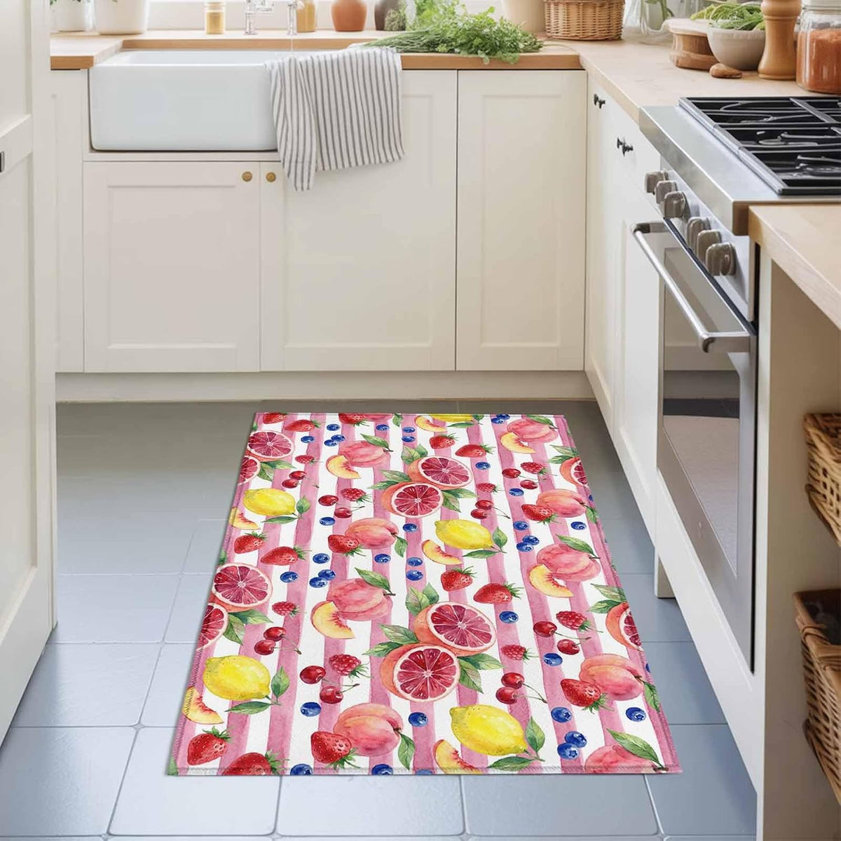 Area Rug 24×36in, Summer Peach Lemon Grapefruit Floor Carpet Living Room Rug, Blueberry Strawberry Pink Stripe Non-Slip Welcome Mat Indoor Rugs for Bedroom Dining Room