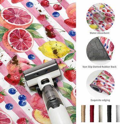 Area Rug 24×36in, Summer Peach Lemon Grapefruit Floor Carpet Living Room Rug, Blueberry Strawberry Pink Stripe Non-Slip Welcome Mat Indoor Rugs for Bedroom Dining Room
