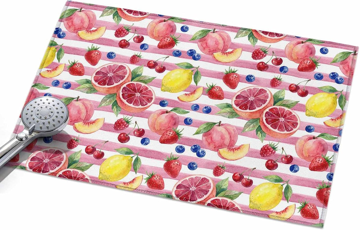 Area Rug 24×36in, Summer Peach Lemon Grapefruit Floor Carpet Living Room Rug, Blueberry Strawberry Pink Stripe Non-Slip Welcome Mat Indoor Rugs for Bedroom Dining Room