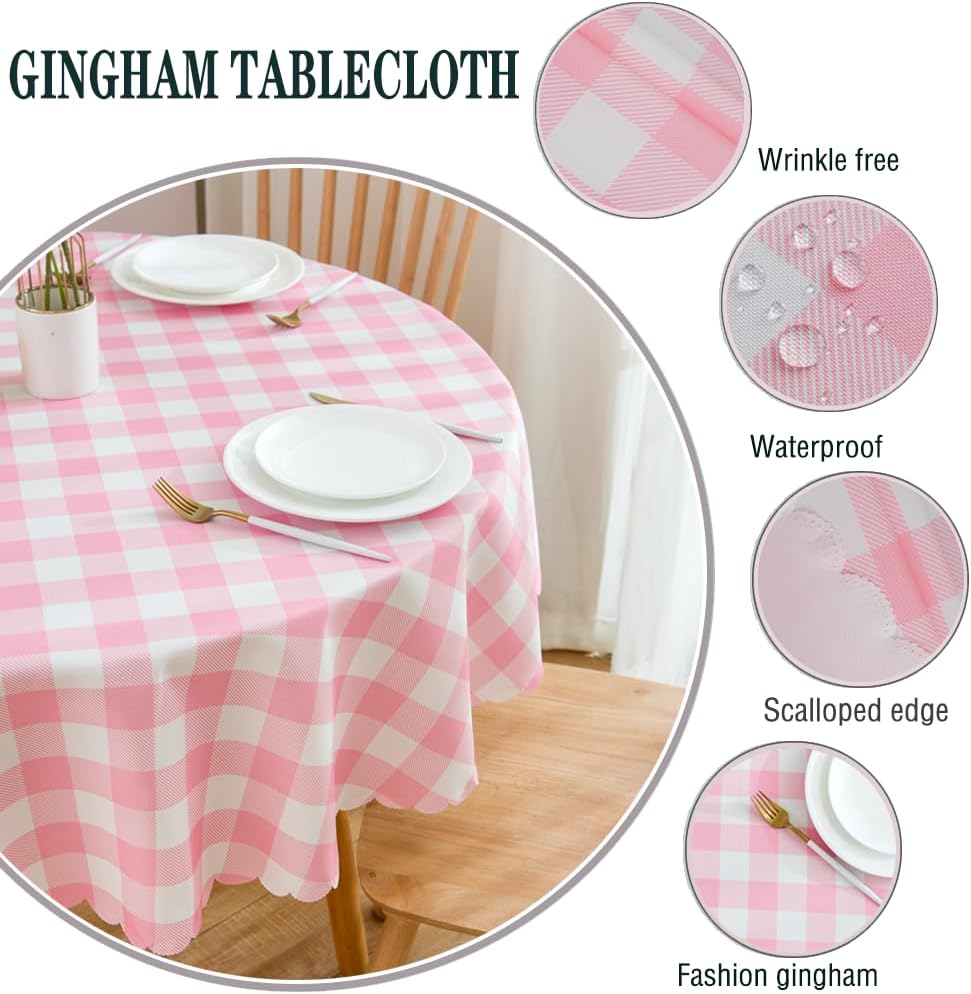 Pink Gingham Round Tablecloth-Checkered Table Cloth Waterproof Kitchen & Table Linens-Polyester Buffalo Plaid Wrinkle Free Table Cover(Baby Pink 60R inch)