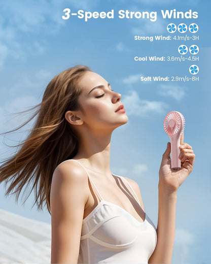 Portable Mini Fan - Powerful Personal Handheld Fan with 3 Speeds, Cute and Small, USB Rechargeable for Travel/Lash/Makeup/Outdoor/Home, Pink