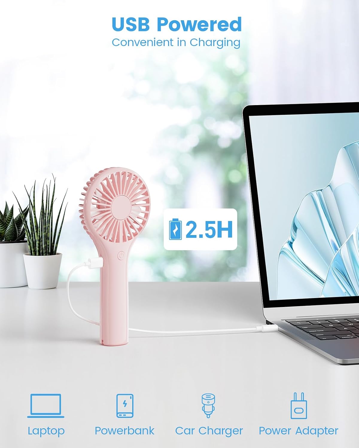 Portable Mini Fan - Powerful Personal Handheld Fan with 3 Speeds, Cute and Small, USB Rechargeable for Travel/Lash/Makeup/Outdoor/Home, Pink