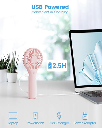 Portable Mini Fan - Powerful Personal Handheld Fan with 3 Speeds, Cute and Small, USB Rechargeable for Travel/Lash/Makeup/Outdoor/Home, Pink
