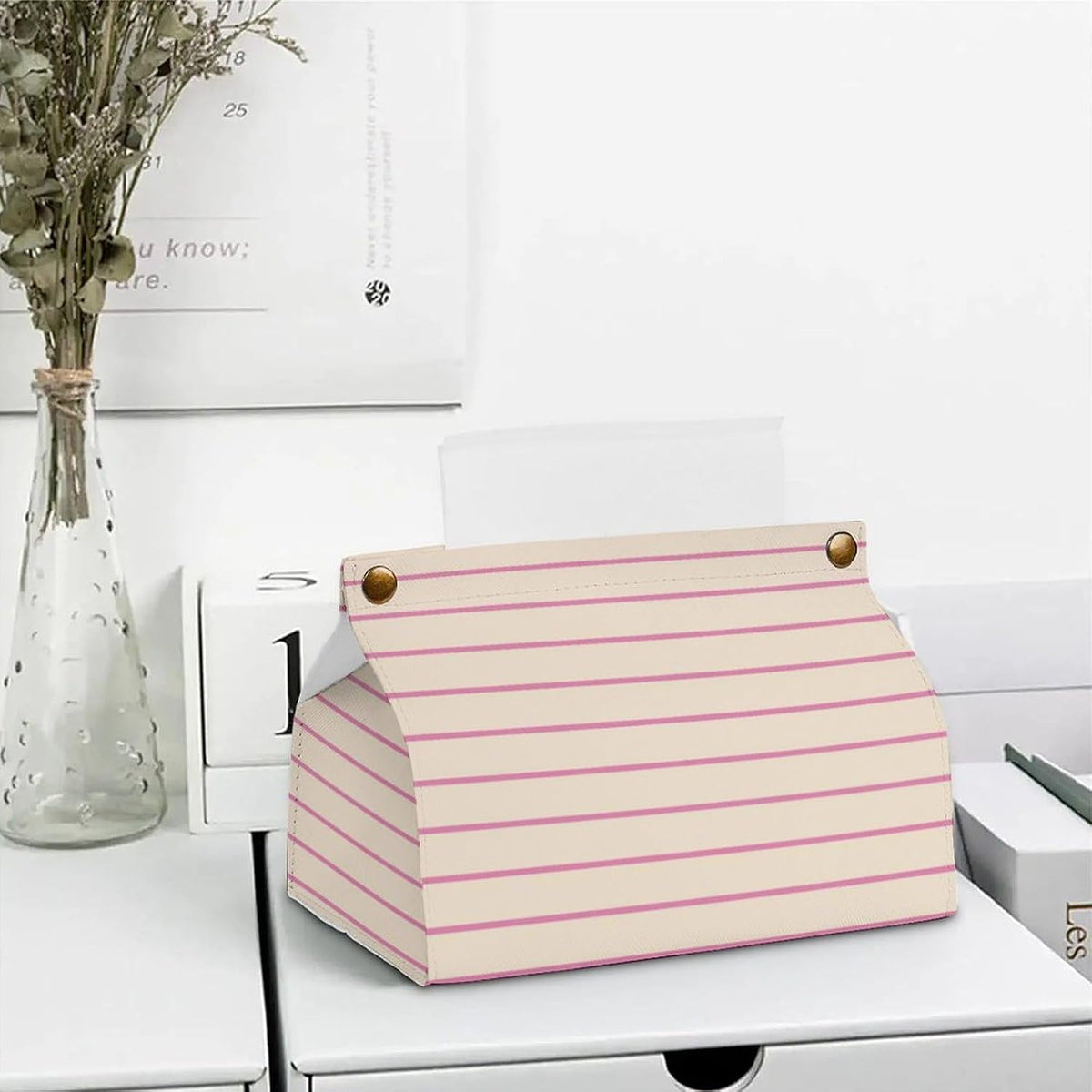 Pink and Ivory Stripes Geometric Pattern Tissue Box Cover PU Leather Facial Tissue Dispenser Box for Office Car & Bathroom