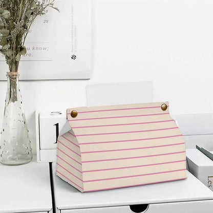 Pink and Ivory Stripes Geometric Pattern Tissue Box Cover PU Leather Facial Tissue Dispenser Box for Office Car & Bathroom