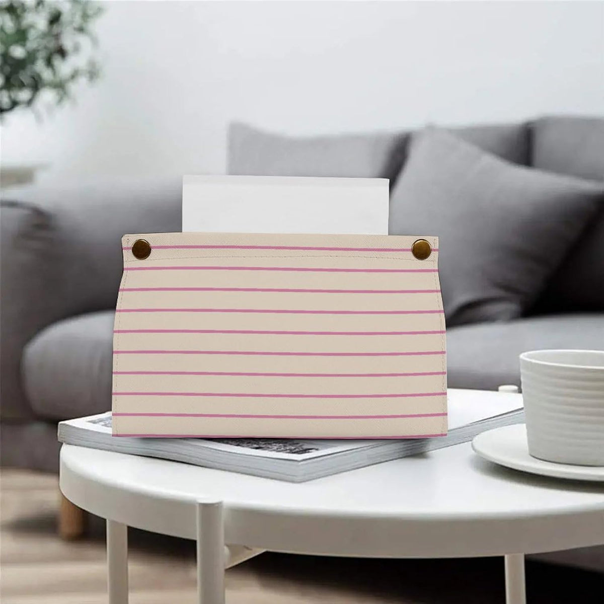 Pink and Ivory Stripes Geometric Pattern Tissue Box Cover PU Leather Facial Tissue Dispenser Box for Office Car & Bathroom