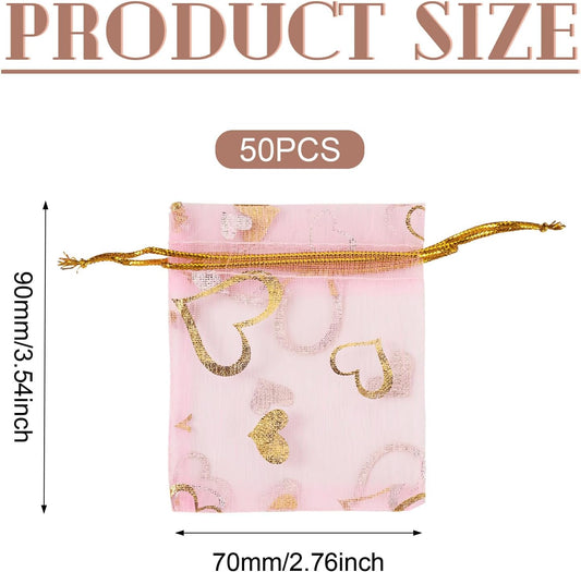 50Pcs Heart Printed Organza Bags 2.76x3.54 inch Sheer PeachPuff Drawstring Organza Favor Gift Bags Wedding Party Christmas Jewelry Packaging Pouches