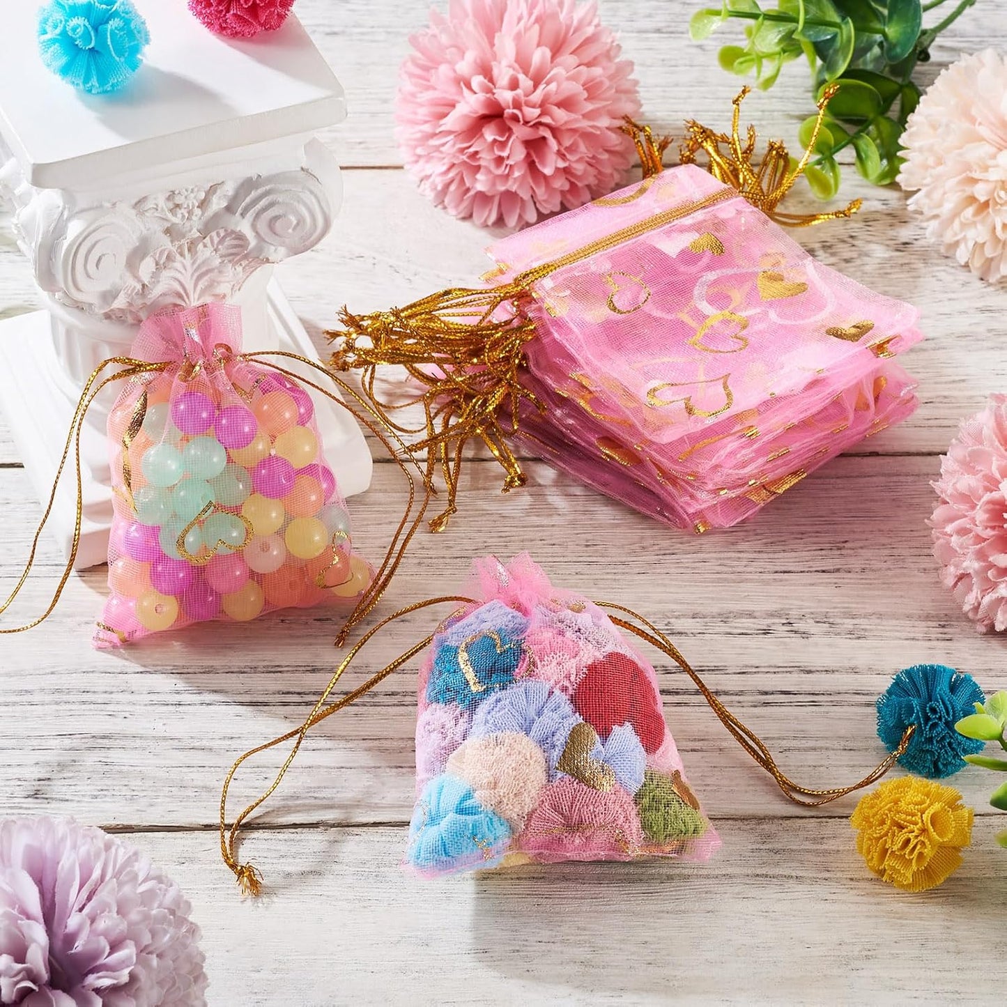 50Pcs Heart Printed Organza Bags 2.76x3.54 inch Sheer PeachPuff Drawstring Organza Favor Gift Bags Wedding Party Christmas Jewelry Packaging Pouches