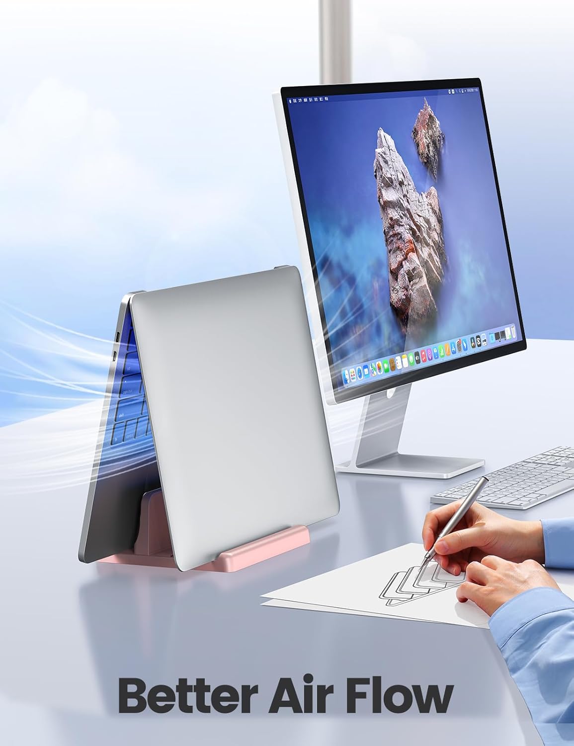 Vertical Laptop Stand Holder Plastic Adjustable Desktop Notebook Dock Space-Saving 3 in 1 for All MacBook Pro Air, Mac, HP, Dell, Microsoft Surface, Lenovo, up to 17.3 inches (Pink)