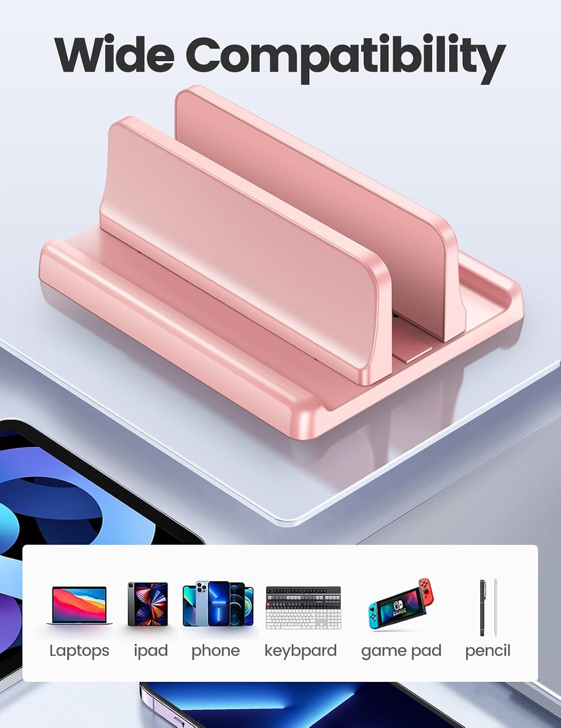 Vertical Laptop Stand Holder Plastic Adjustable Desktop Notebook Dock Space-Saving 3 in 1 for All MacBook Pro Air, Mac, HP, Dell, Microsoft Surface, Lenovo, up to 17.3 inches (Pink)