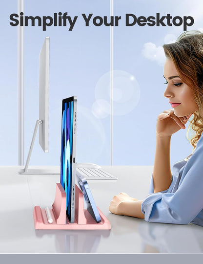 Vertical Laptop Stand Holder Plastic Adjustable Desktop Notebook Dock Space-Saving 3 in 1 for All MacBook Pro Air, Mac, HP, Dell, Microsoft Surface, Lenovo, up to 17.3 inches (Pink)