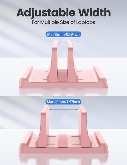 Vertical Laptop Stand Holder Plastic Adjustable Desktop Notebook Dock Space-Saving 3 in 1 for All MacBook Pro Air, Mac, HP, Dell, Microsoft Surface, Lenovo, up to 17.3 inches (Pink)