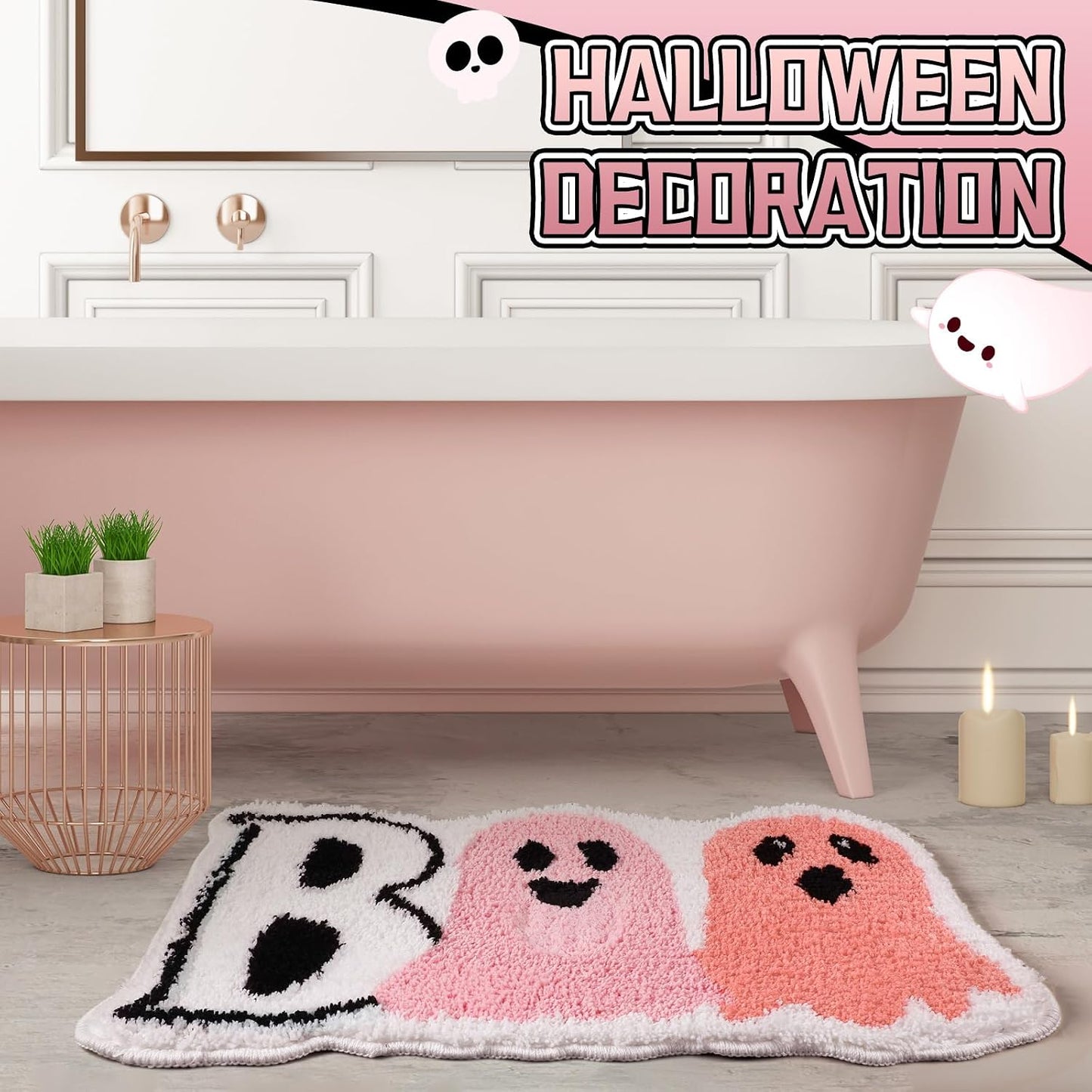 Pink Halloween Decor Cute Ghost Bath Rug Decorative Boo mat