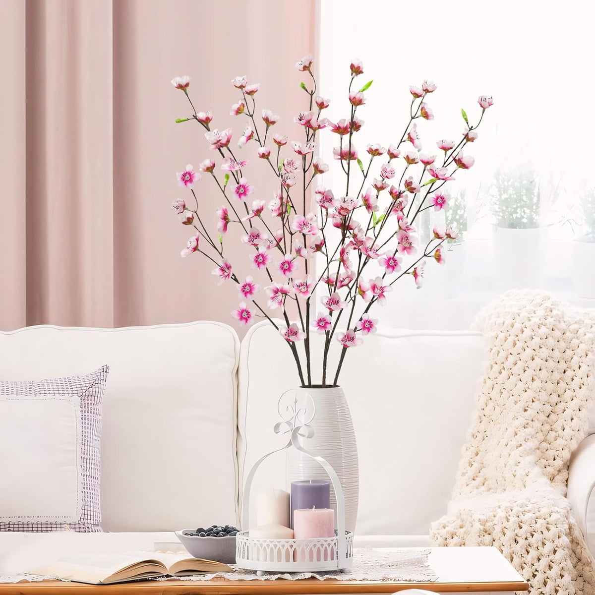 4pcs Artificial Cherry Blossom Flowers 28‘’ Tall Silk Cherry Blossom Branches Faux Pink Peach Stems for Wedding Home Garden Vase Decor