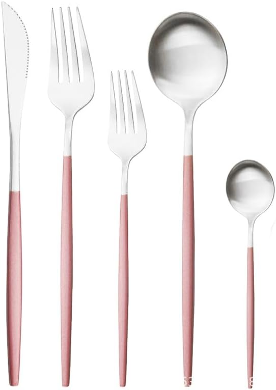 5/20/30/40/50/60 Piece Pink Silver Stainless Steel Flatware Set, Portuguese Matte Cutlery Tea Spoon(Pink Silver,1Set-5Pcs)
