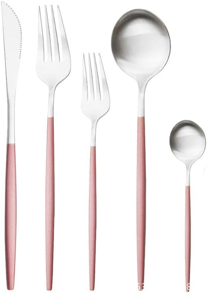 5/20/30/40/50/60 Piece Pink Silver Stainless Steel Flatware Set, Portuguese Matte Cutlery Tea Spoon(Pink Silver,1Set-5Pcs)