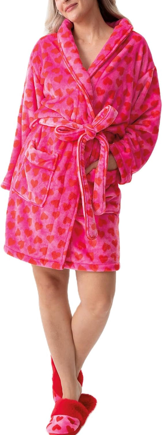 Women Plush Dressing Gown Christmas Print Bathrobe Fleece Shawl Collar Xmas Fluffy Spa Robes Loungewear