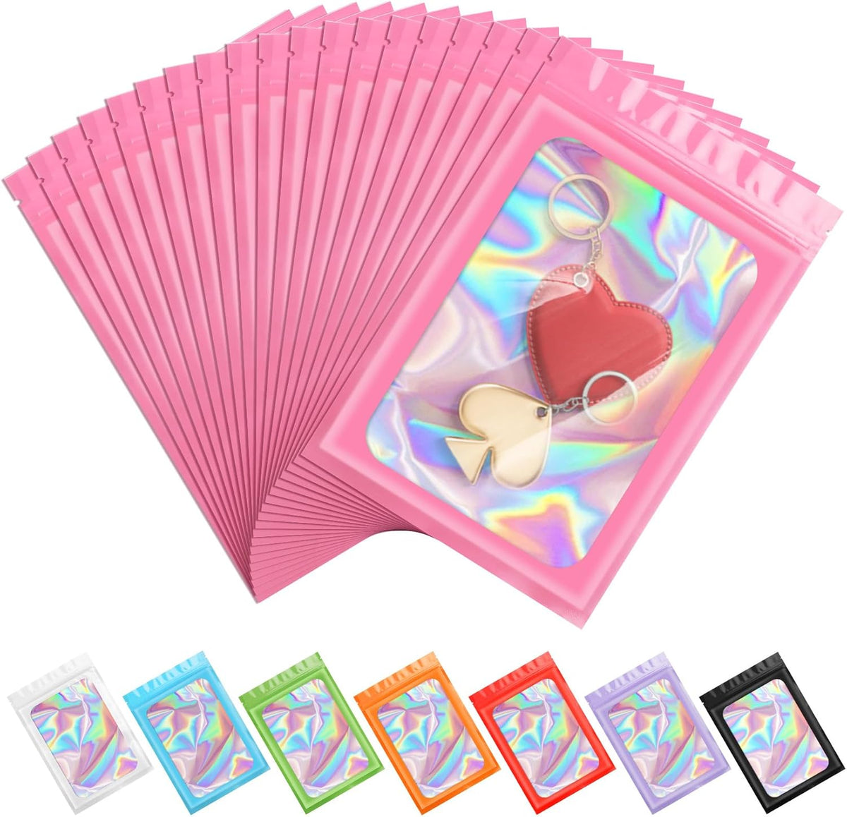 100PCS Holographic Pink Mylar Bags, Resealable Smell Proof 2.4x3.9