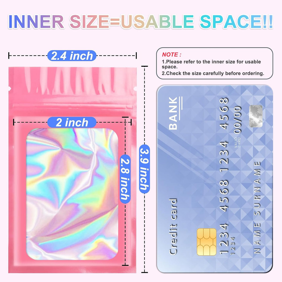 100PCS Holographic Pink Mylar Bags, Resealable Smell Proof 2.4x3.9