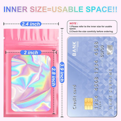 100PCS Holographic Pink Mylar Bags, Resealable Smell Proof 2.4x3.9