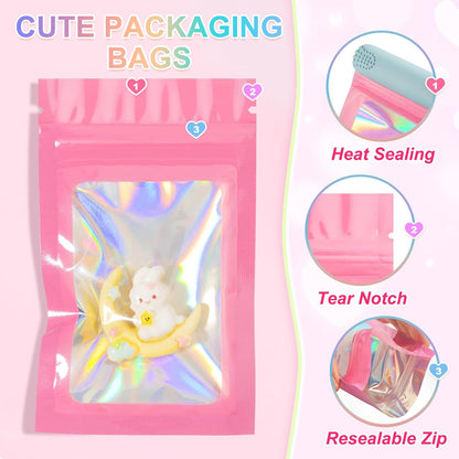 100PCS Holographic Pink Mylar Bags, Resealable Smell Proof 2.4x3.9