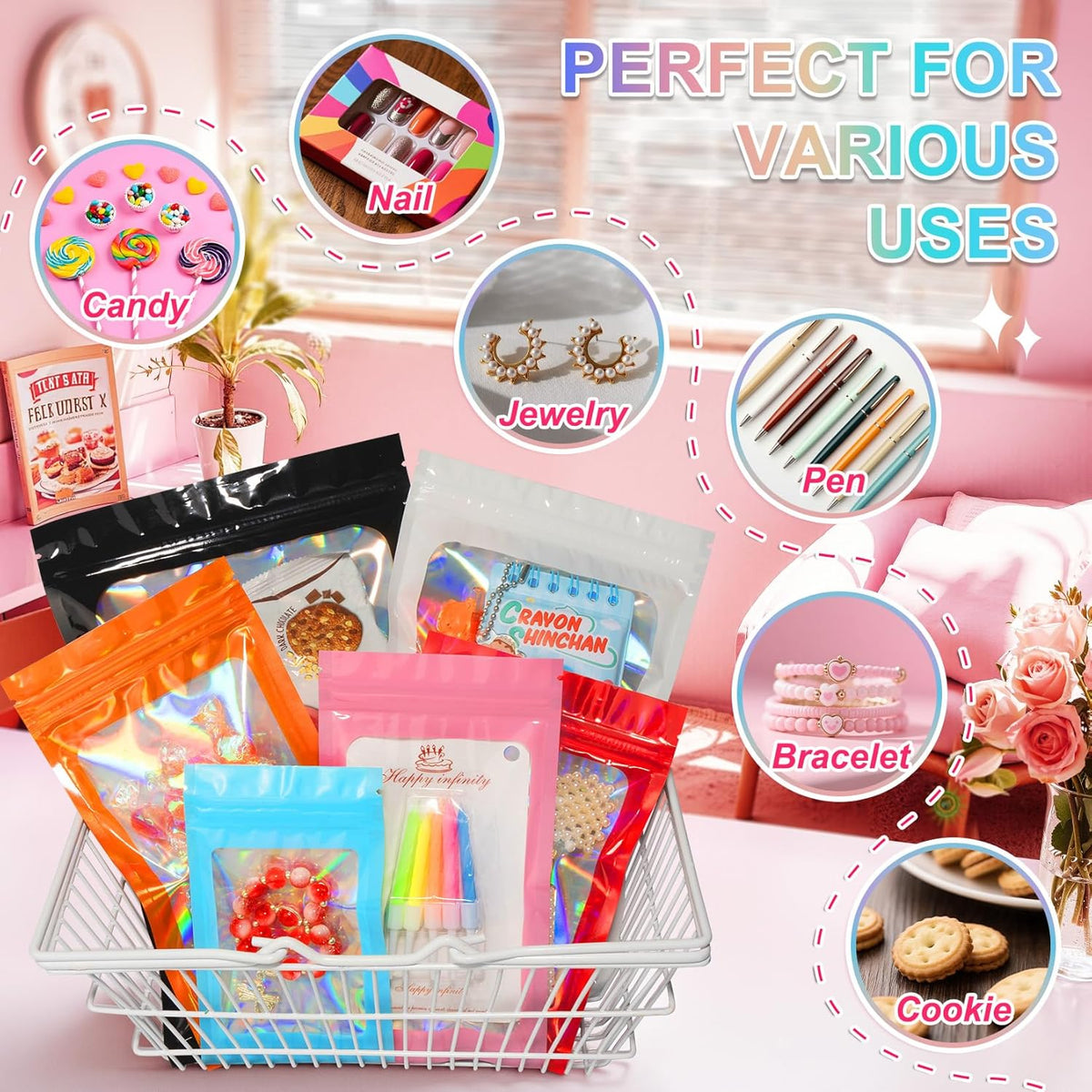 100PCS Holographic Pink Mylar Bags, Resealable Smell Proof 2.4x3.9