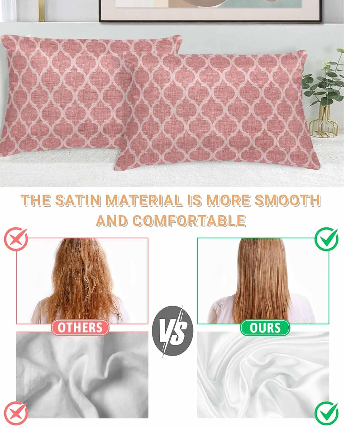 Satin Pillowcase for Hair and Skin Standard Size 2 Pack Moroccan Texture Satin Pillow Case Soft Cooling Silk Retro Peach Pink Linen Pillowcases with Hidden Zipper Throw Pillow Covers 20x26 Inch