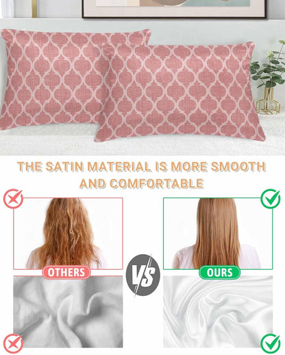 Satin Pillowcase for Hair and Skin Standard Size 2 Pack Moroccan Texture Satin Pillow Case Soft Cooling Silk Retro Peach Pink Linen Pillowcases with Hidden Zipper Throw Pillow Covers 20x26 Inch