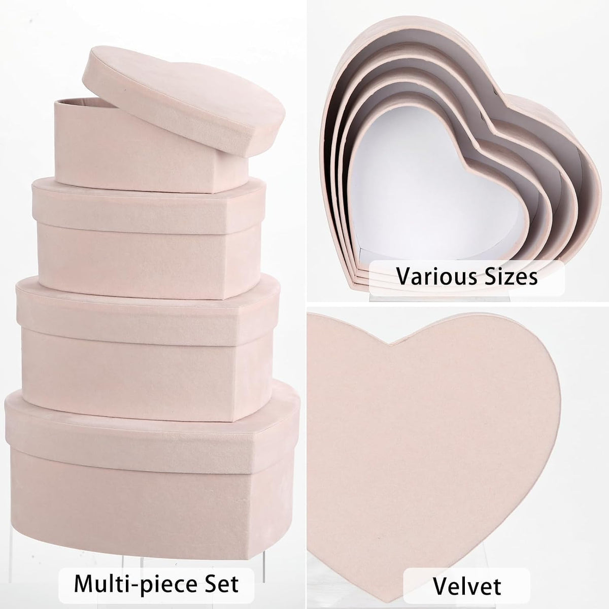 Heart Shaped Gift Boxes with Lids for Presents Set of 4 Light Pink Velvet Nesting Gifts Box for Arrangements Flowers Wedding Birthday Valentines Bridesmaid Christmas Party Anniversary
